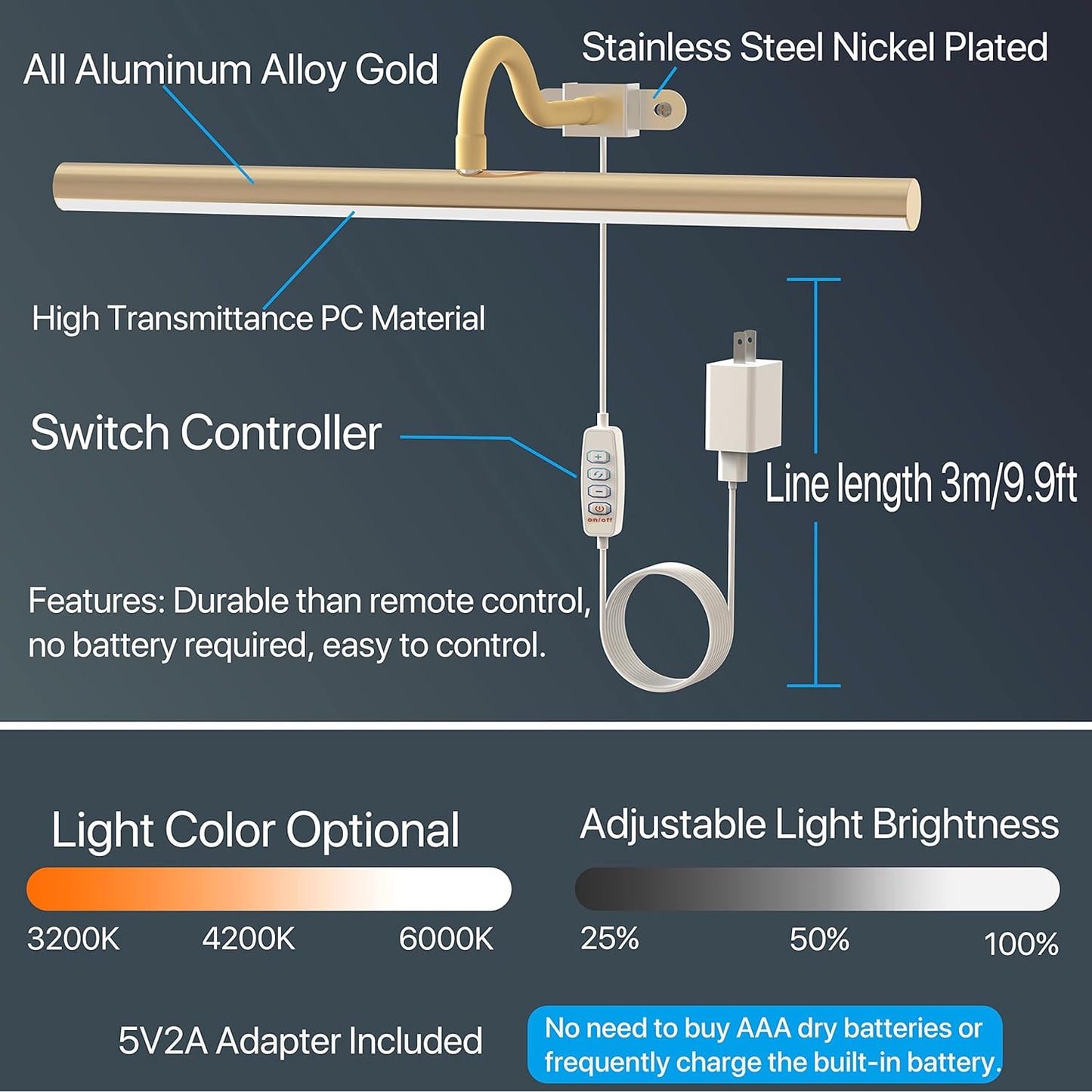 Picture Light, Metal Art Lamp with 3 Lighting Modes,10W LED16.6inch Dimmable Dartboard Light,9.9ft Length USB Cable Power Supply(Adapter Plug Included),Gooseneck Arm at Any Angle (Gold)
