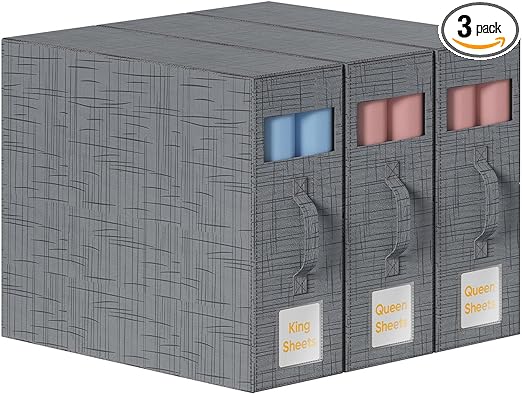 3 Pack Bed Sheet Organizers and Storage, Foldable Sheet Organizer for Closet, Sheet Set Organizer, Sheet Storage Cube for Beding Sheets, Duvet Covers and Pillowcases
