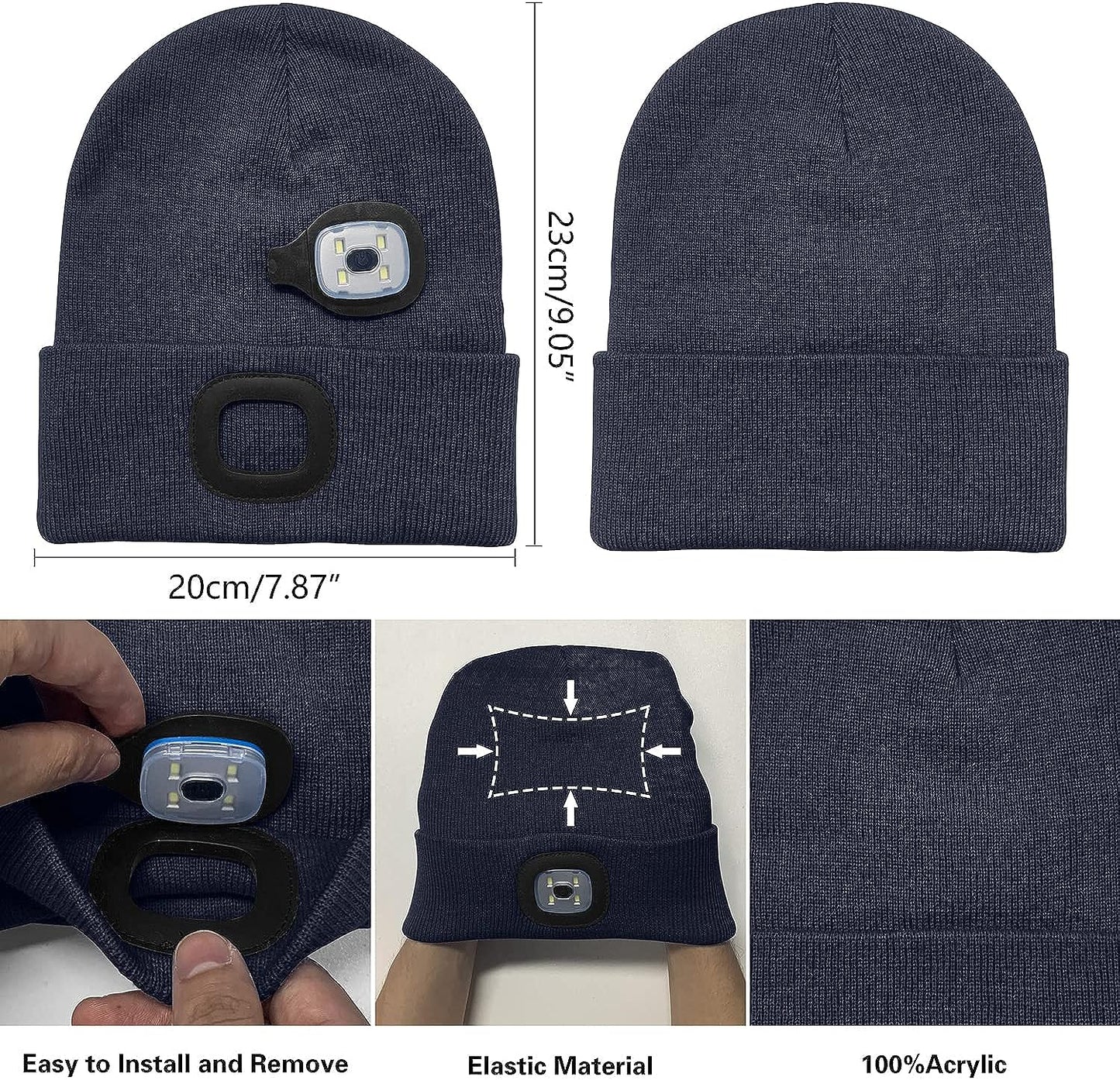 SOCTKE LED Beanie Hat with Light,USB Rechargeable 4 LED Headlamp Hat,Gifts for Men Winter Warm Knitted Caps,Used for Outside