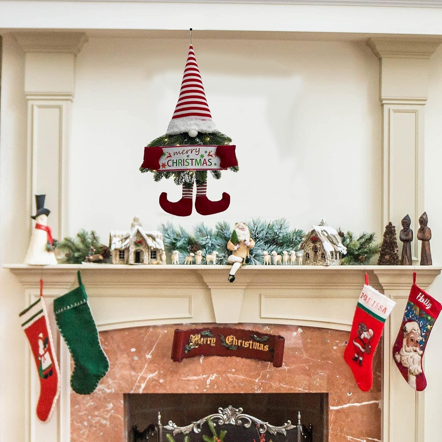 Merry Christmas Wreath with Led Lights, Santa Claus Decoration Wreaths for Front Door, Christmas Tree Decor for Windows, Showcases, Closets, Bookcases, Parties and Festivals