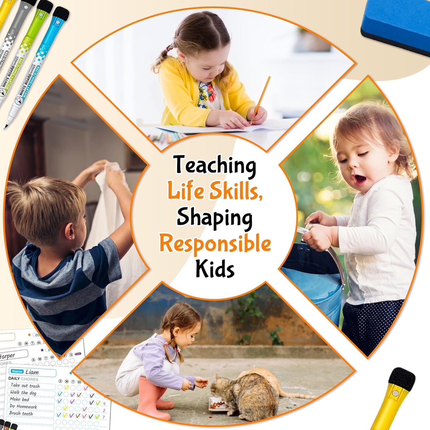 Magnetic Reward Chores Chart Dry Erase Whiteboard Set for Multiple Kids Daily To-Do (10"x10")- 3 Pcs of Behavior Chart & 8 Fine Tip Markers