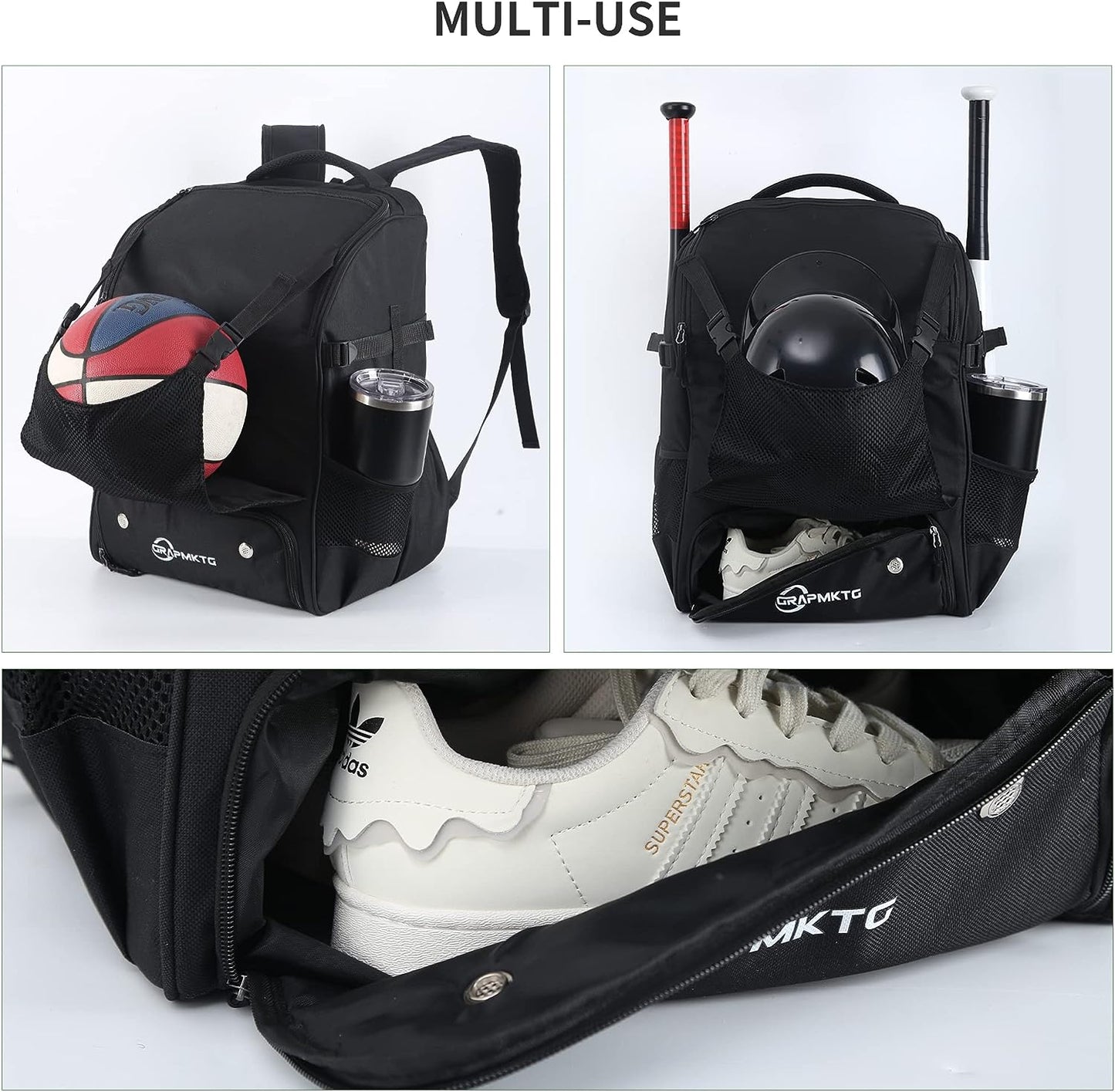 GRAPMKTG Baseball Softball Bag X-Large Soccer Bag for Youth Boys Girls and Men Women Basketball Backpack for Adult Kid