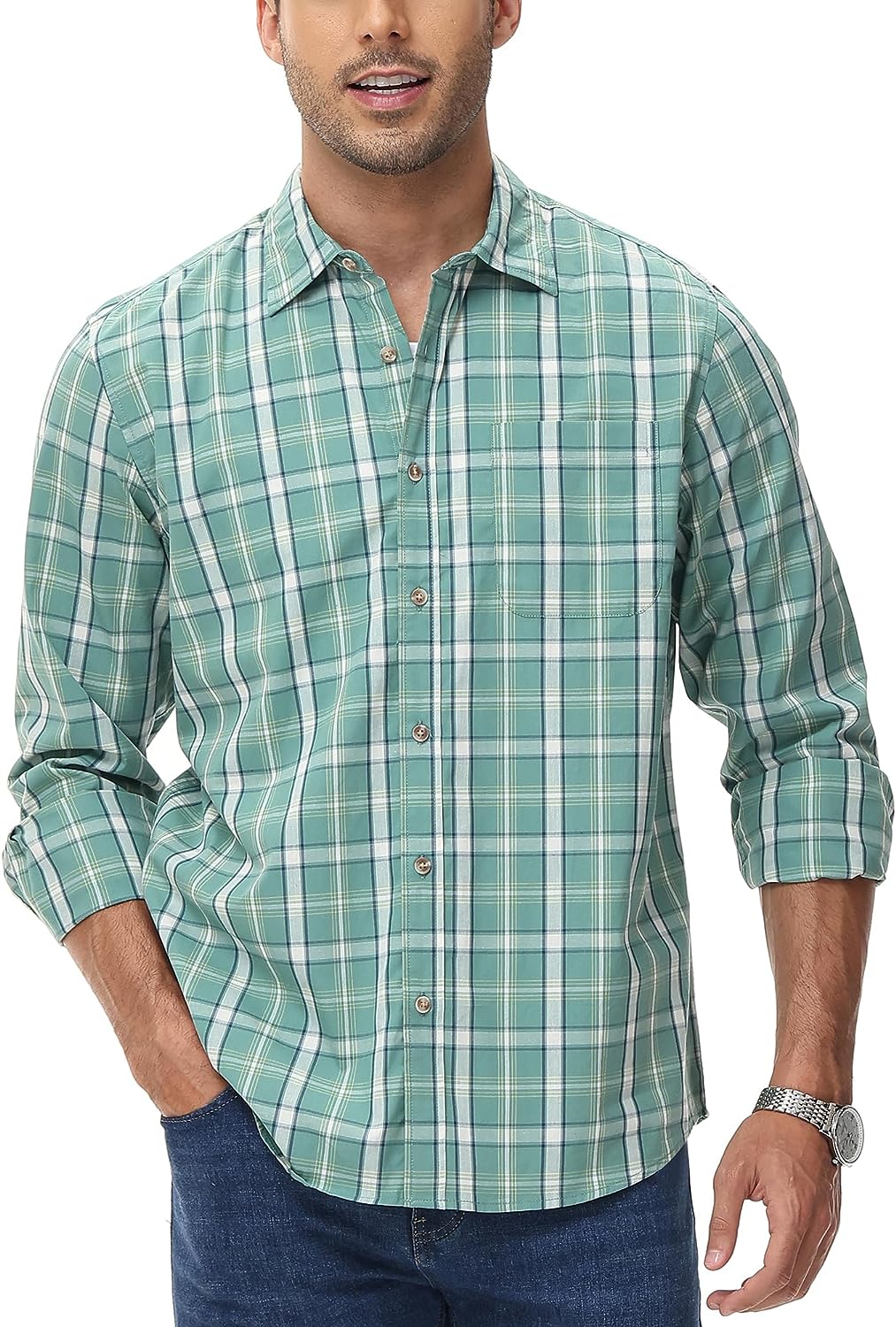Regular Fit Casual Plaid Shirt for Men Cotton Long Sleeve Button Down Checked Shirts with Pocket