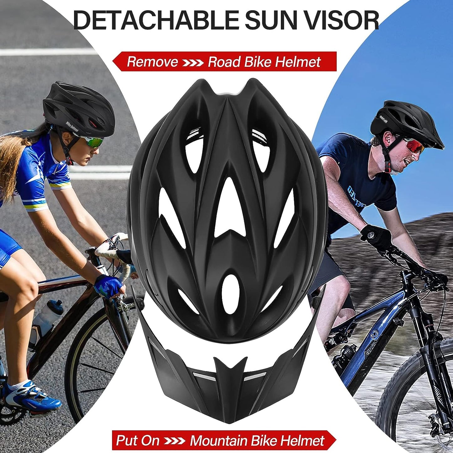 Bike Helmet, Adult Bicycle Helmet Adjustable Size, Mountain Bike Helmets with Removable Sun Visor - Adult Road Bicycle Helmets Lightweight for Men Women Cycling