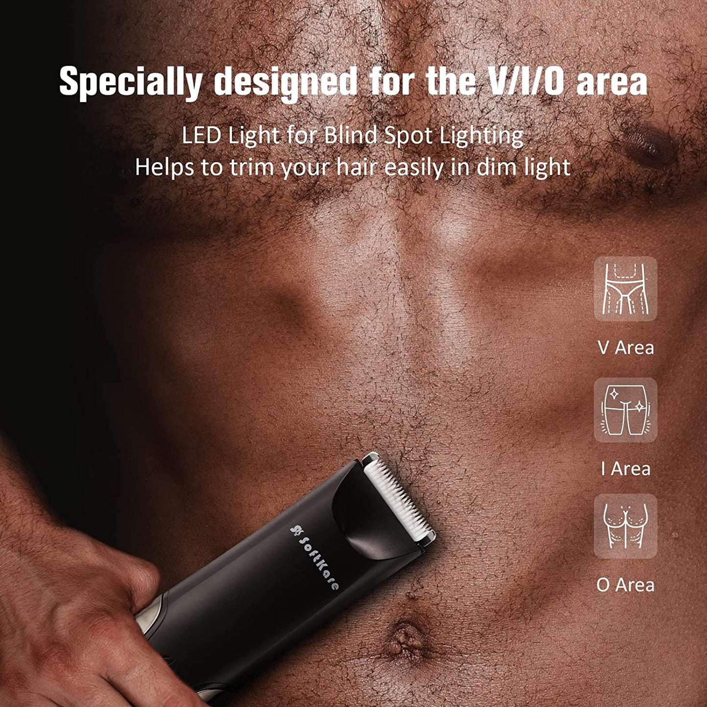 SoftKare Groin Hair Trimmer for Men & Women - Ball Trimmer, Body Pubic Hair Trimmer, Replaceable Ceramic Blade Heads & Charging Base, Ball Shaver with Light & Power Display, Waterproof Wet/Dry Use