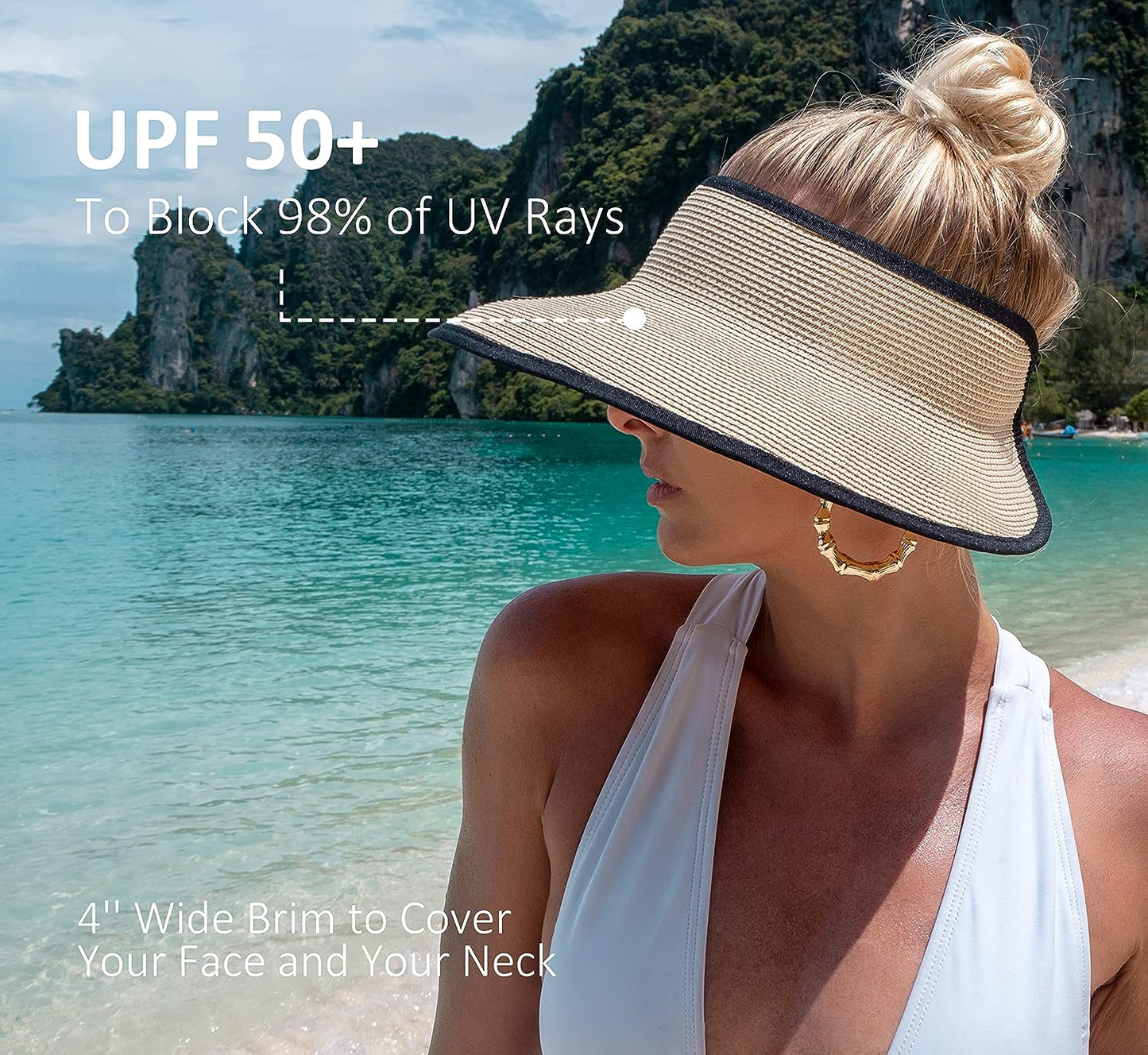 Sun Visor Hats for Women, Women's Summer Ponytail Foldable Straw Beach Hat with UPF 50+