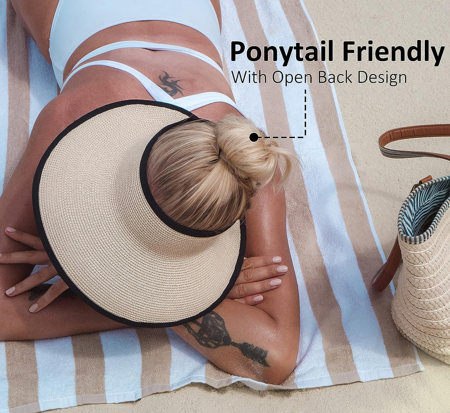 Sun Visor Hats for Women, Women's Summer Ponytail Foldable Straw Beach Hat with UPF 50+