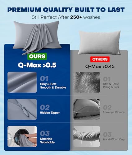 Ultra-Chill Cooling Pillowcase Set of 2 for Hot Sleepers, Softer Than Silk Pillow Cases for Protecting Hair & Skin, Breathable Bed Pillow Covers w/Zipper, Gifts for Women Men (Light Gray, Standard)