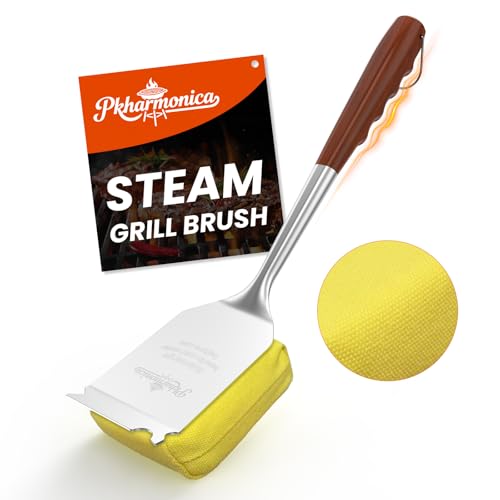 Grill Brush Bristle Free w/Replaceable Yellow Head, Enamel Safe, 17" Long Handle Grill Cleaner for Outdoor BBQ & Griddle, MAX Stainless Steel Scraper, Corner Reach for Cast Iron Steel