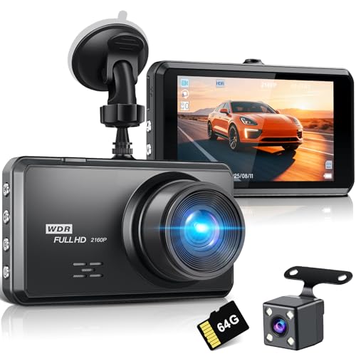 Miden S7 4K Dash Cam Front and Rear, 64G SD Card,2160P+1080P FHD Dual Dash Camera for Cars,176°+160° Wide Angle,3.2'' IPS Screen Dashcam,Loop Recording,G-Sensor,WDR,24H Parking Monitor,Night Vision