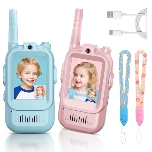 Kids Video Walkie Talkies, 2 Pack Long Range Walkie-Talkie for Kids, Rechargeable Video Call Toys for Indoor, Camping, Hiking, Travel, Christmas Birthday Gift for Boys Girls Age 3-5 (Blue/Pink)