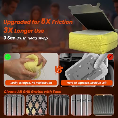 Grill Brush Bristle Free w/Replaceable Yellow Head, Enamel Safe, 17" Long Handle Grill Cleaner for Outdoor BBQ & Griddle, MAX Stainless Steel Scraper, Corner Reach for Cast Iron Steel