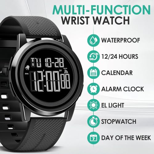 Men Digital Watch Thin Sports Waterproof Outdoor LED Screen Large Face Wrist Watches for Men with Back Light Alarm Date Stopwatch