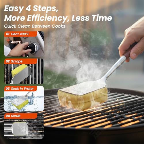 Grill Brush Bristle Free w/Replaceable Yellow Head, Enamel Safe, 17" Long Handle Grill Cleaner for Outdoor BBQ & Griddle, MAX Stainless Steel Scraper, Corner Reach for Cast Iron Steel