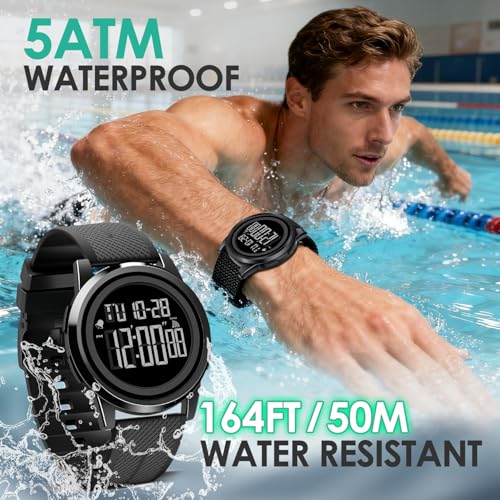 Men Digital Watch Thin Sports Waterproof Outdoor LED Screen Large Face Wrist Watches for Men with Back Light Alarm Date Stopwatch