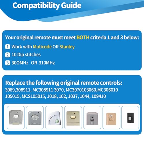 2 for 10 Dip Switch Multicode & Stanley Gate Opener Remote 300MHz & 310MHz,Compatible with 10 Digit Multicode Gate Opener,for Multi code Garage Door Opener Remote 3089 1050,Gate Remote Control Clicker