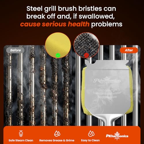 Grill Brush Bristle Free w/Replaceable Yellow Head, Enamel Safe, 17" Long Handle Grill Cleaner for Outdoor BBQ & Griddle, MAX Stainless Steel Scraper, Corner Reach for Cast Iron Steel