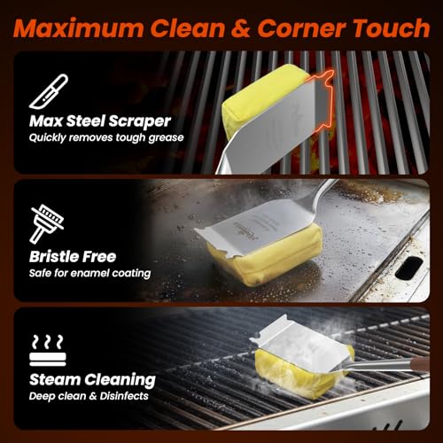 Grill Brush Bristle Free w/Replaceable Yellow Head, Enamel Safe, 17" Long Handle Grill Cleaner for Outdoor BBQ & Griddle, MAX Stainless Steel Scraper, Corner Reach for Cast Iron Steel