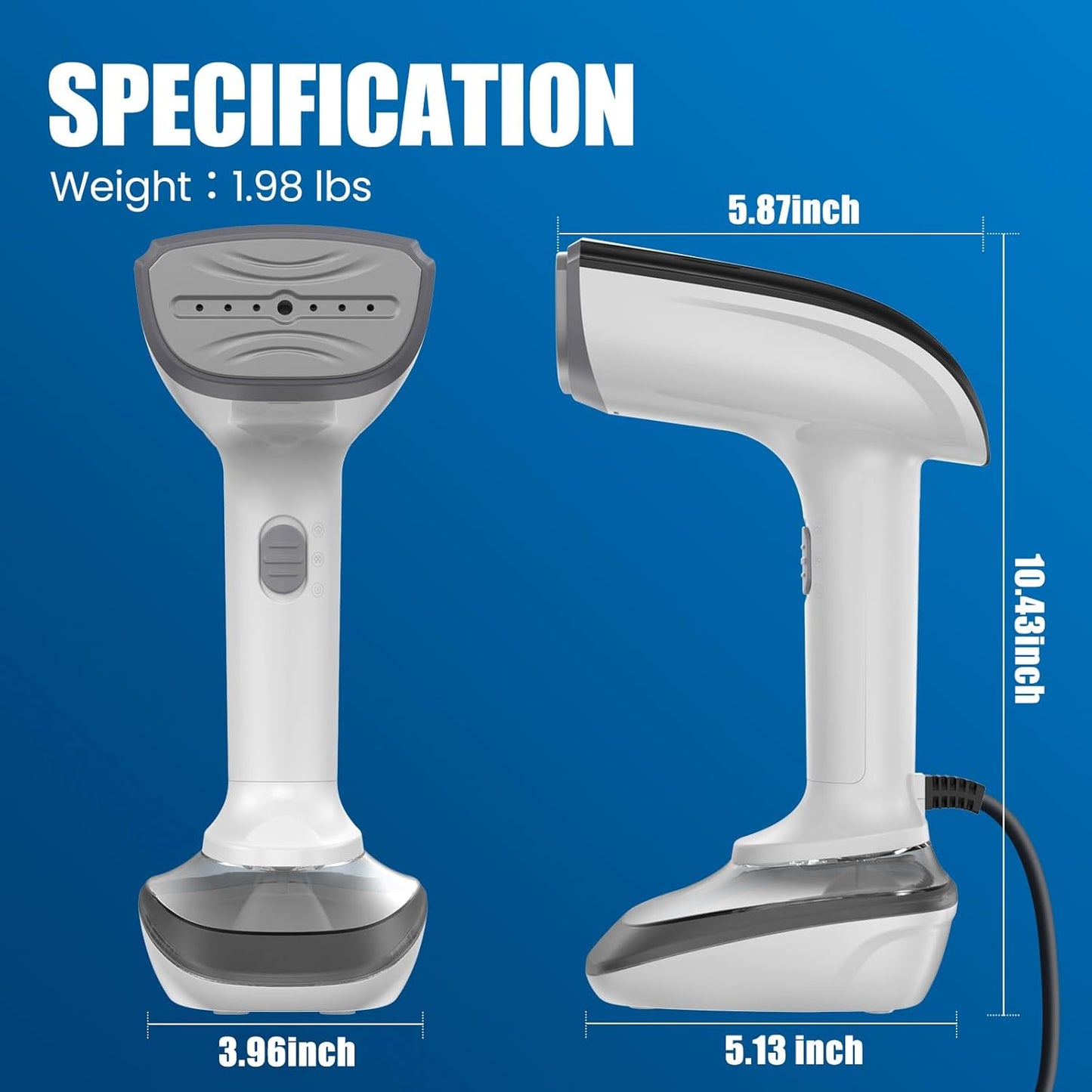 Powerful Handheld Fabric Steamer - 1800W with Fast Ceramic Heat-Up Plate, 2-in-1 Ironing & Wrinkle Remover, Steam Nozzle, Lint Brush - White, for US 120V Only