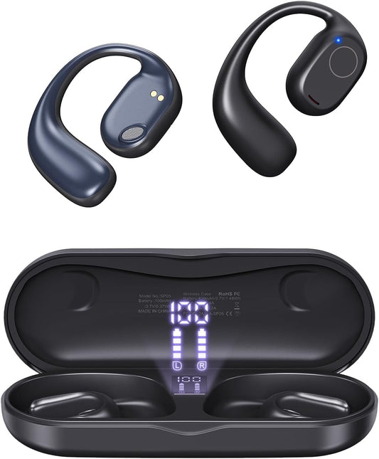 Open Ear Headphones, Wireless Earbuds 40H Playtime Air Conduction Headphones with Mic, Bluetooth 5.3 Over Ear Headphones IPX6 with Ear Hooks & LED Display Charging Case for Running (Black)