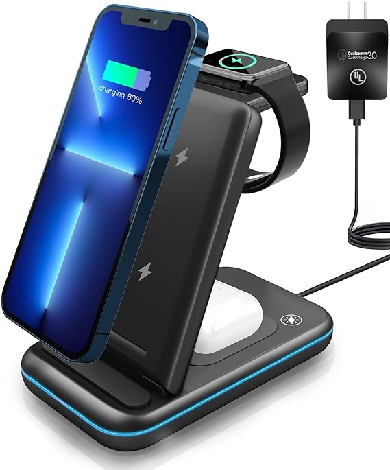 Wireless Charging Station, 3 in 1 Wireless Fast Charger Stand for iPhone 15/14/13/12/11/Pro/Max/XS/XR/X/8/Plus, for Apple Watch Ultra 8/7/6/5/4/3/2/SE, for AirPods 3/2/Pro(Adapter Included)