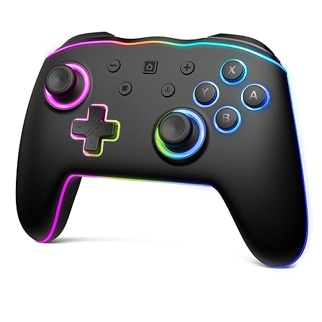 Colorful LED Switch Pro Controllers for Switch/Lite/OLED, Wireless Switch Controller with Adjustable Vibration,Turbo,6-Axis Gyro (Black LED)