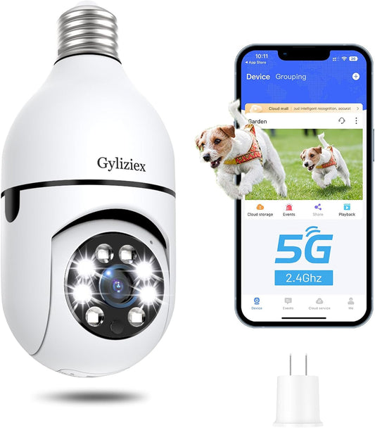 Light Bulb Security Camera Wireless Outdoor, 5G&2.4GHz 360° PTZ Camera for Home Security with 2K Color Night Vision, 2 Way Talk, AI Human Detection and Tracking, 1Pack