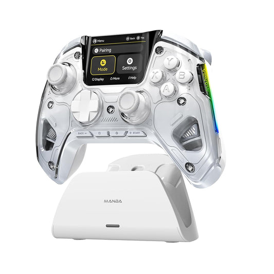 （No Box But New）ManbaOne Interactive Screen Wireless Gaming Controller for PC/Switch/Switch 2/iOS/Android,Hall Effect Stick & Trigger,RGB Lighting,Remappable Buttons,1800mAh with Charging Dock (White)