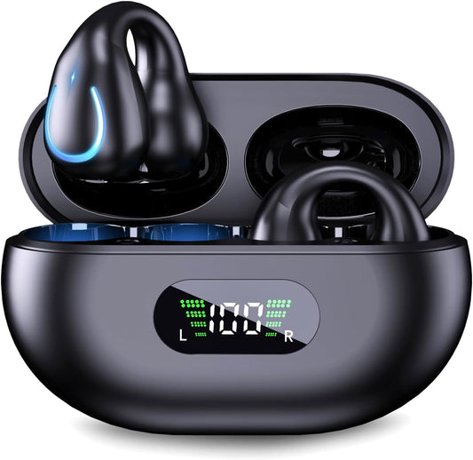 Open Ear Headphones Wireless Bluetooth 5.3 Clip On Earbuds with Digital Display Charging Case Button Control Bone Conduction Mini Sport Earphones Built-in Mic IPX7 Waterproof for Running Fitness Black