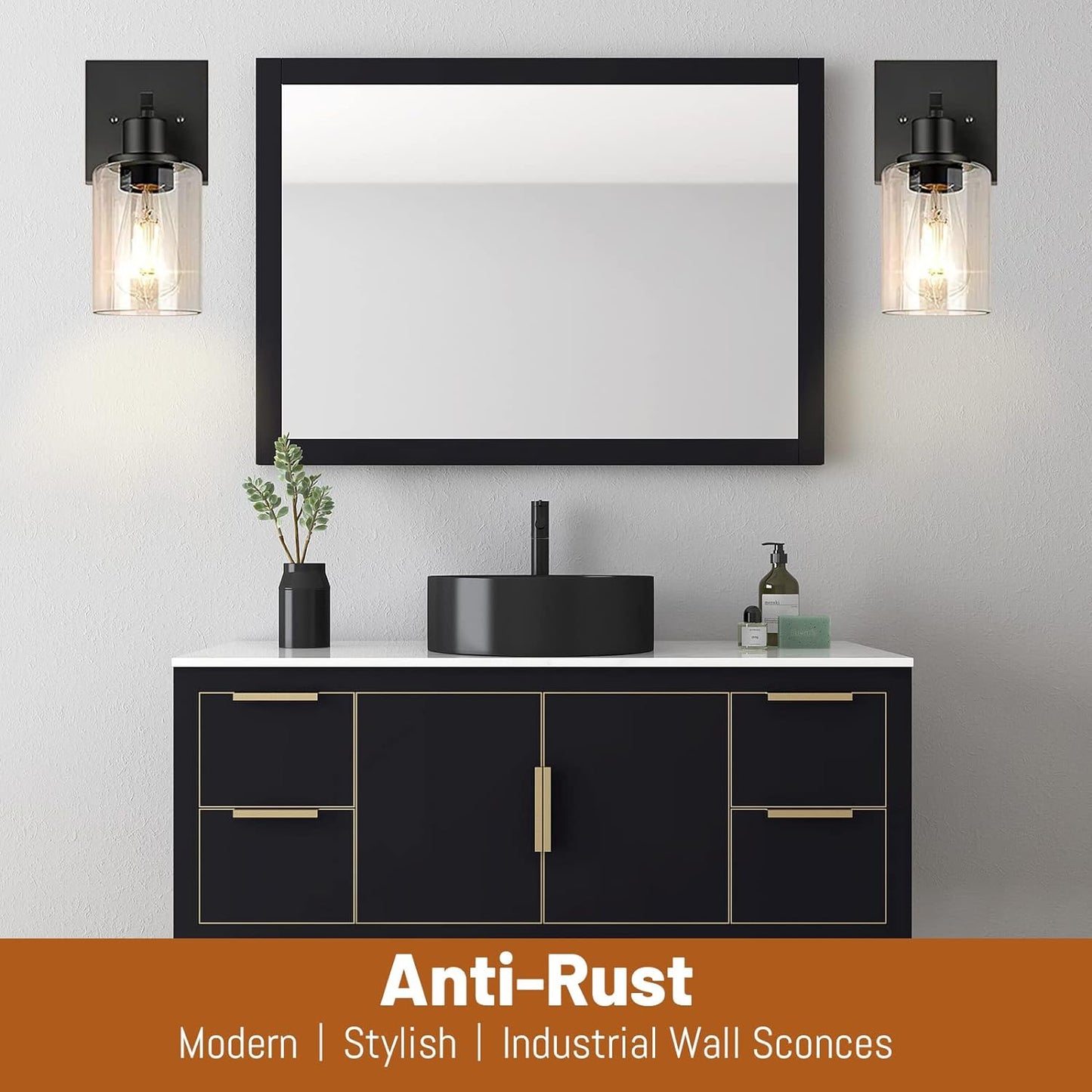 Matte Black Plug-in Bathroom Vanity Light Set with Clear Glass Shades, Modern Wall Sconce for Bedroom, Hallway