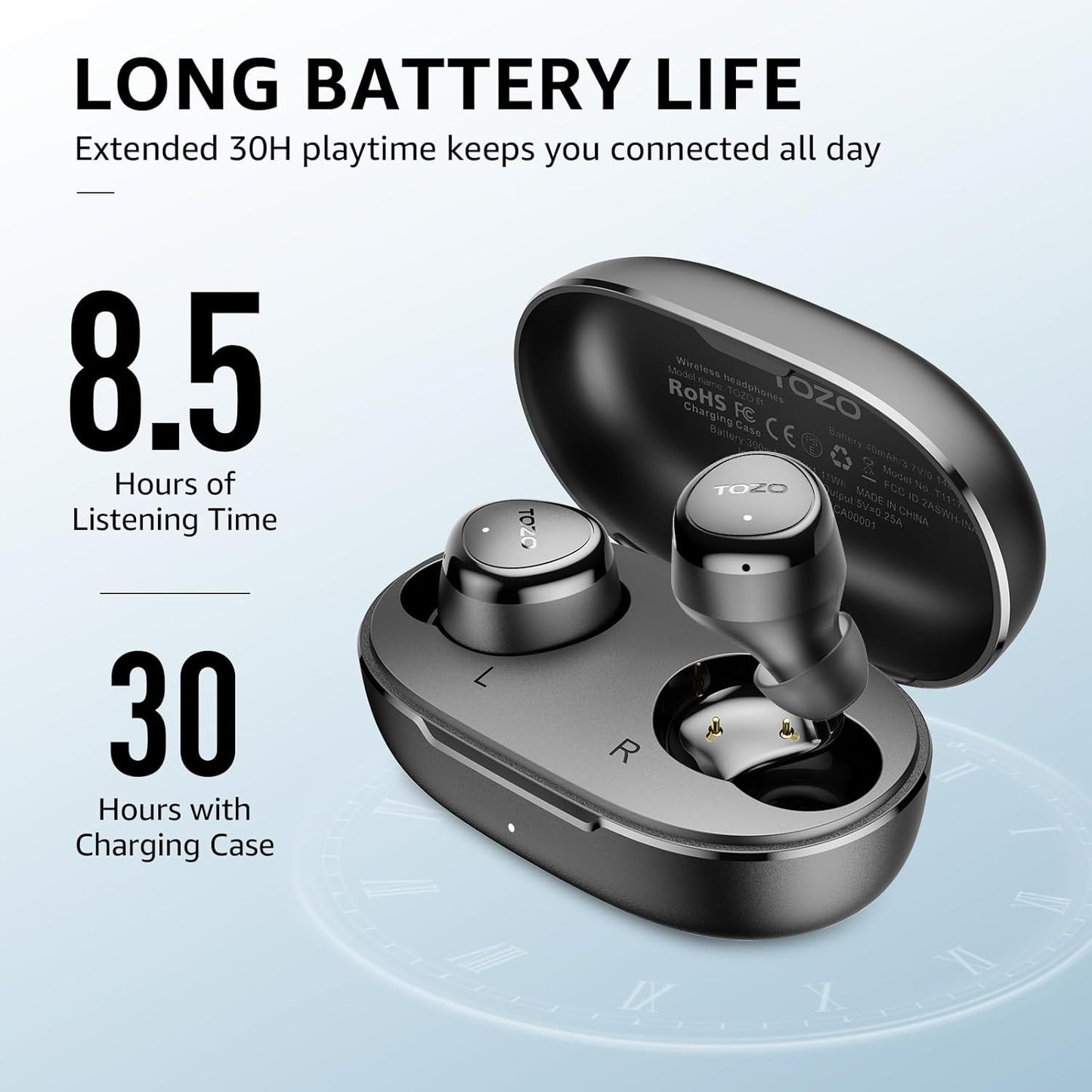 TOZO E1 Wireless Earbuds Build in Mic Clear Calls Ergonomic Light Weight Bluetooth 5.3 in Ear Headphones IPX6 Waterproof Premium Stereo Sound Ear Buds 30H Playtime with 32 EQs via APP, Black