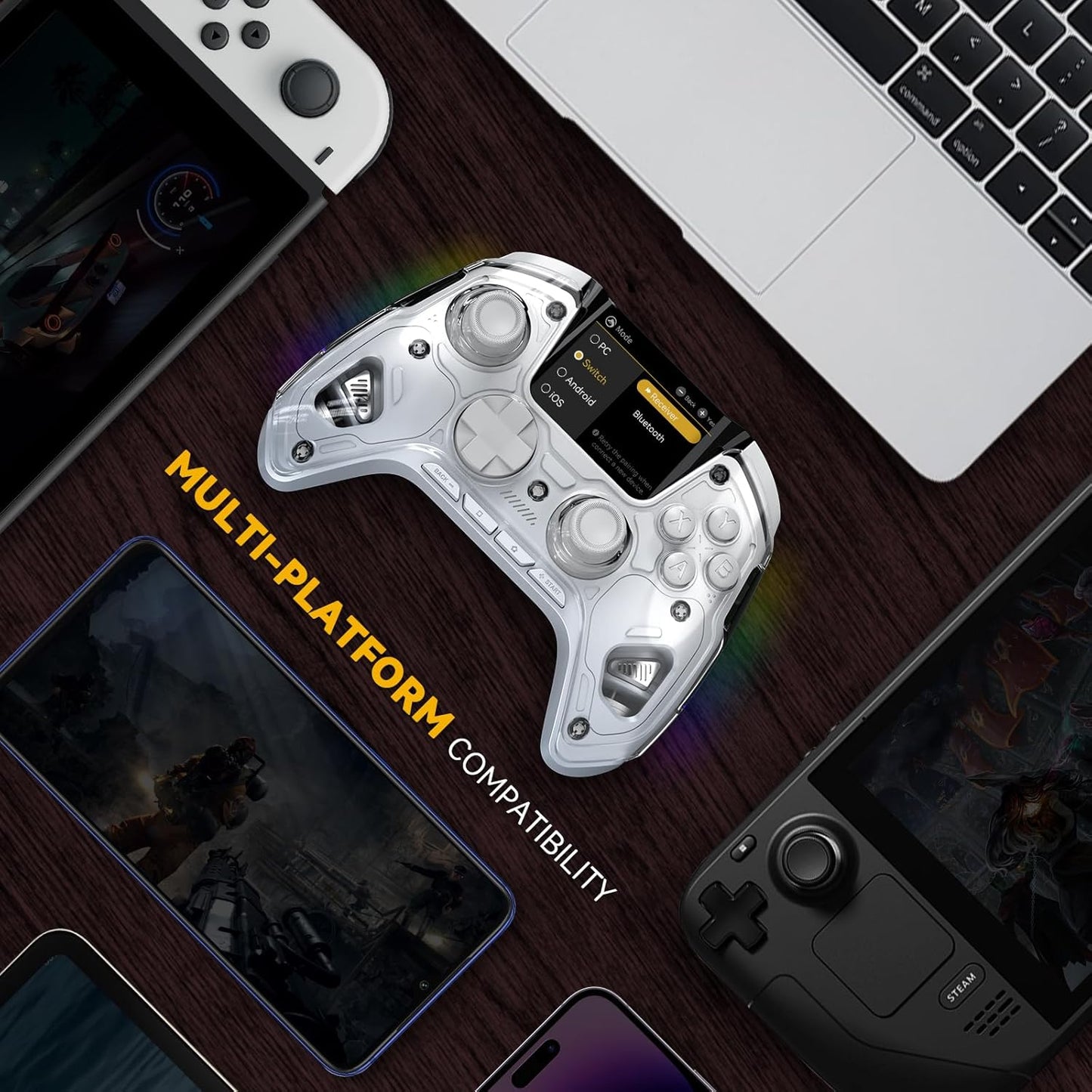 （No Box But New）ManbaOne Interactive Screen Wireless Gaming Controller for PC/Switch/Switch 2/iOS/Android,Hall Effect Stick & Trigger,RGB Lighting,Remappable Buttons,1800mAh with Charging Dock (White)