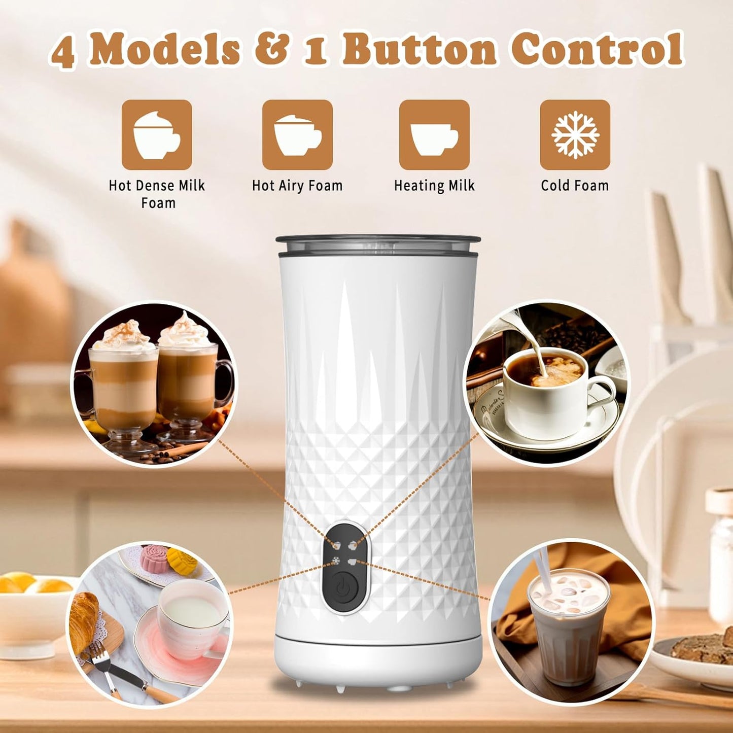 Electric Milk Frother and Steamer, 4 in 1 Automatic Milk Frother and Milk Warmer, Hot and Cold Milk Foam Maker for Coffee, Latte, Cappuccino Silent Operation (White)