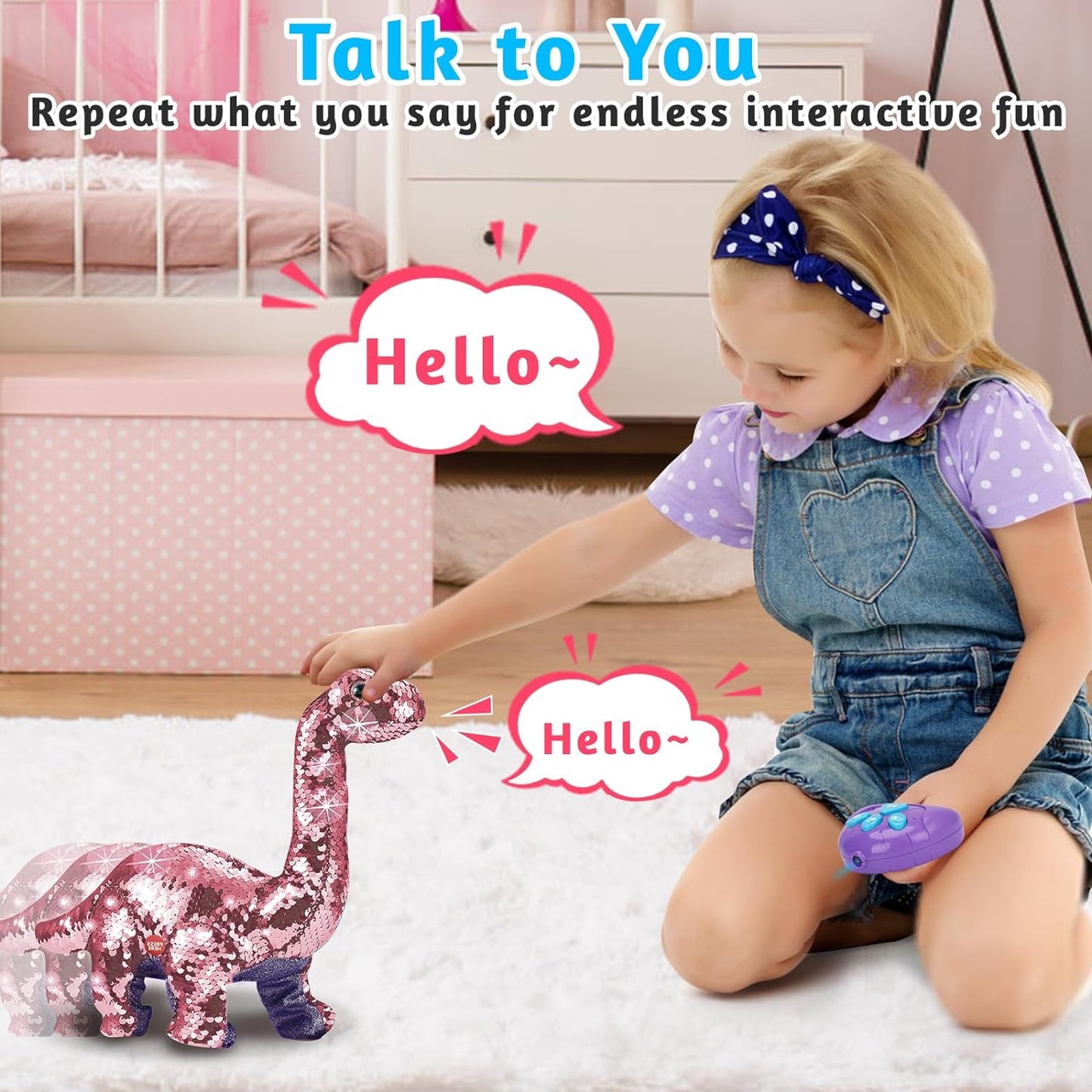 Remote Control Dinosaur Toys for Girls 2-4 3-5, Rc Reversible Sequins Walking Dinosaur Toys with Dino Sound, Music & Recording Function, Best Birthday Gifts for 2 3 4 Year Old Girl