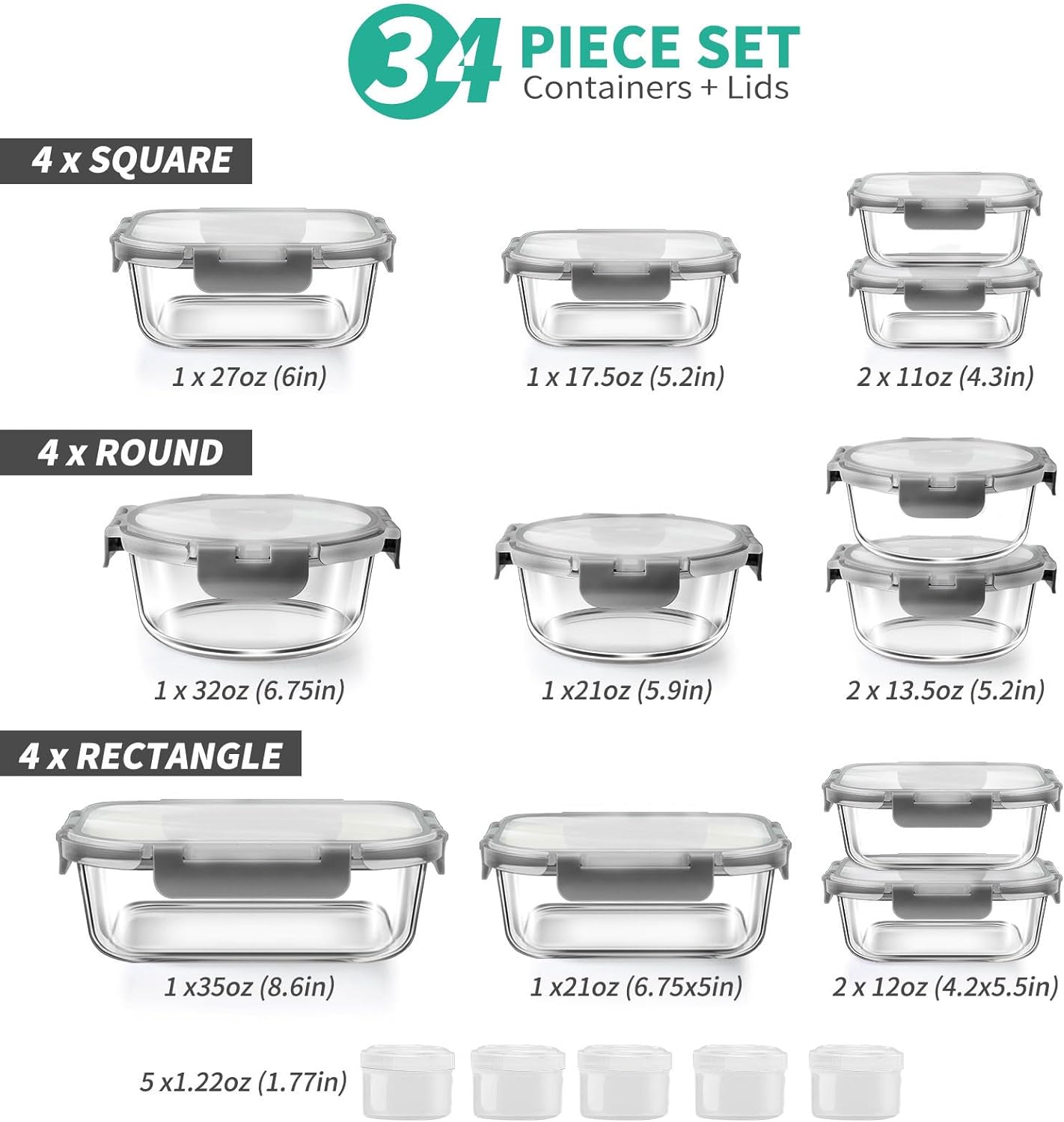 34pcs Glass Food Storage Containers with Lids Set, Airtight Glass Meal Prep Containers (17 Containers & 17 Lids),Leak Proof Lunch Containers BPA-Free, Microwave, Oven, Freezer, Dishwasher,Grey