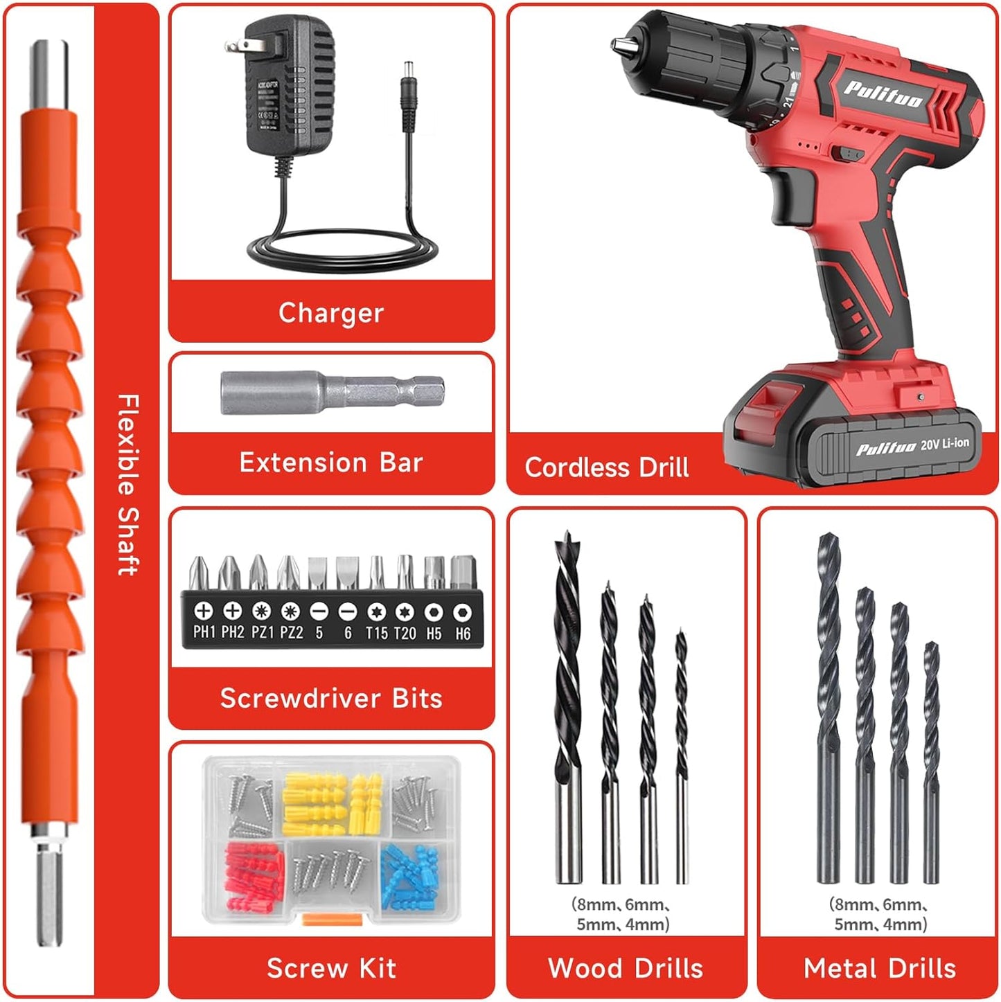 Cordless Drill Set, 20V Electric Power Drill with Battery And Charger, 30N.m and 21+1 Torque, 2 Variable Speeds, with 59pcs Drill Driver Bits Kit, Screws Set，(Red)