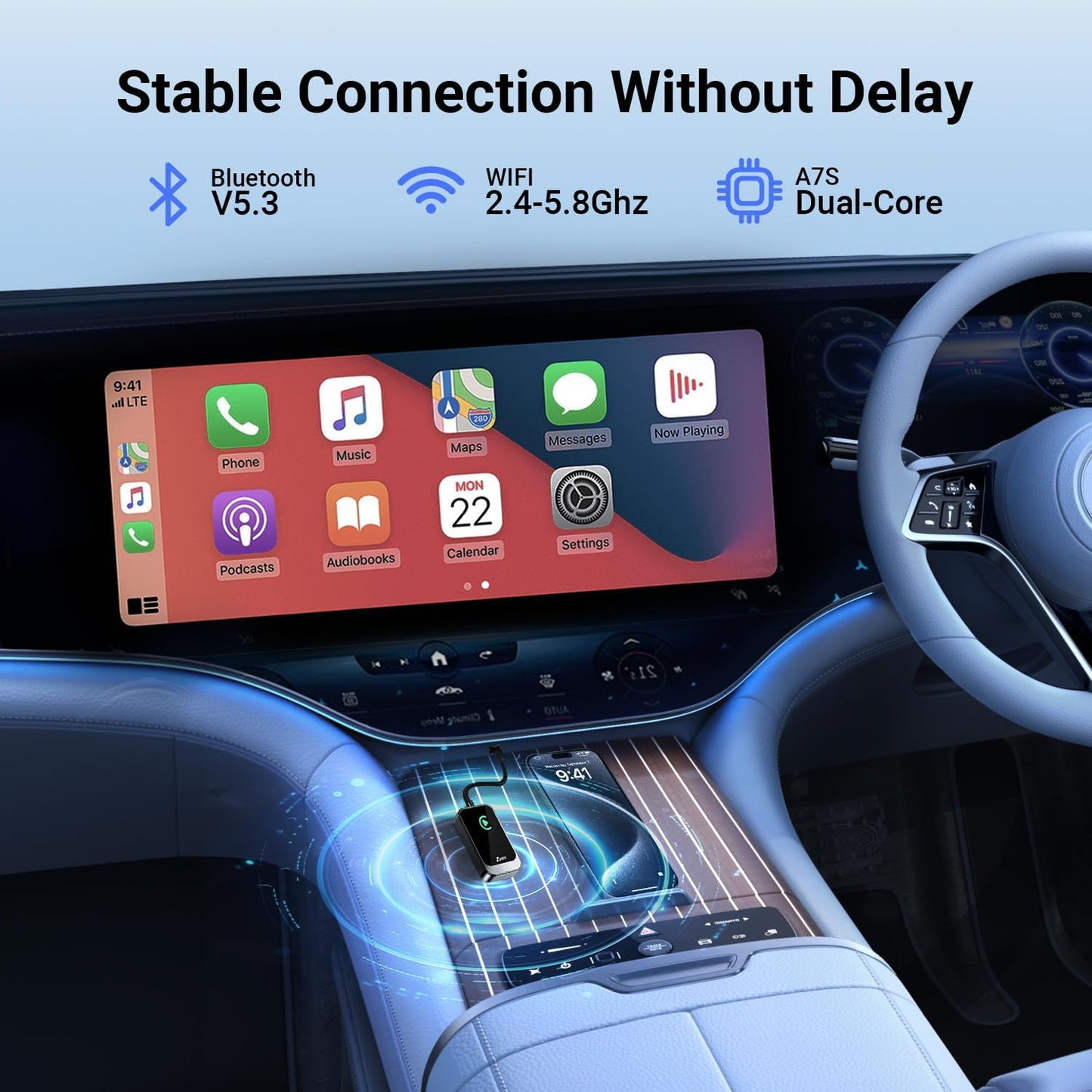 Wireless Carplay Adapter, Converts Factory Wired CarPlay to Wireless CarPlay, Plug and Play 2-in-1 for Apple and Android No Delay