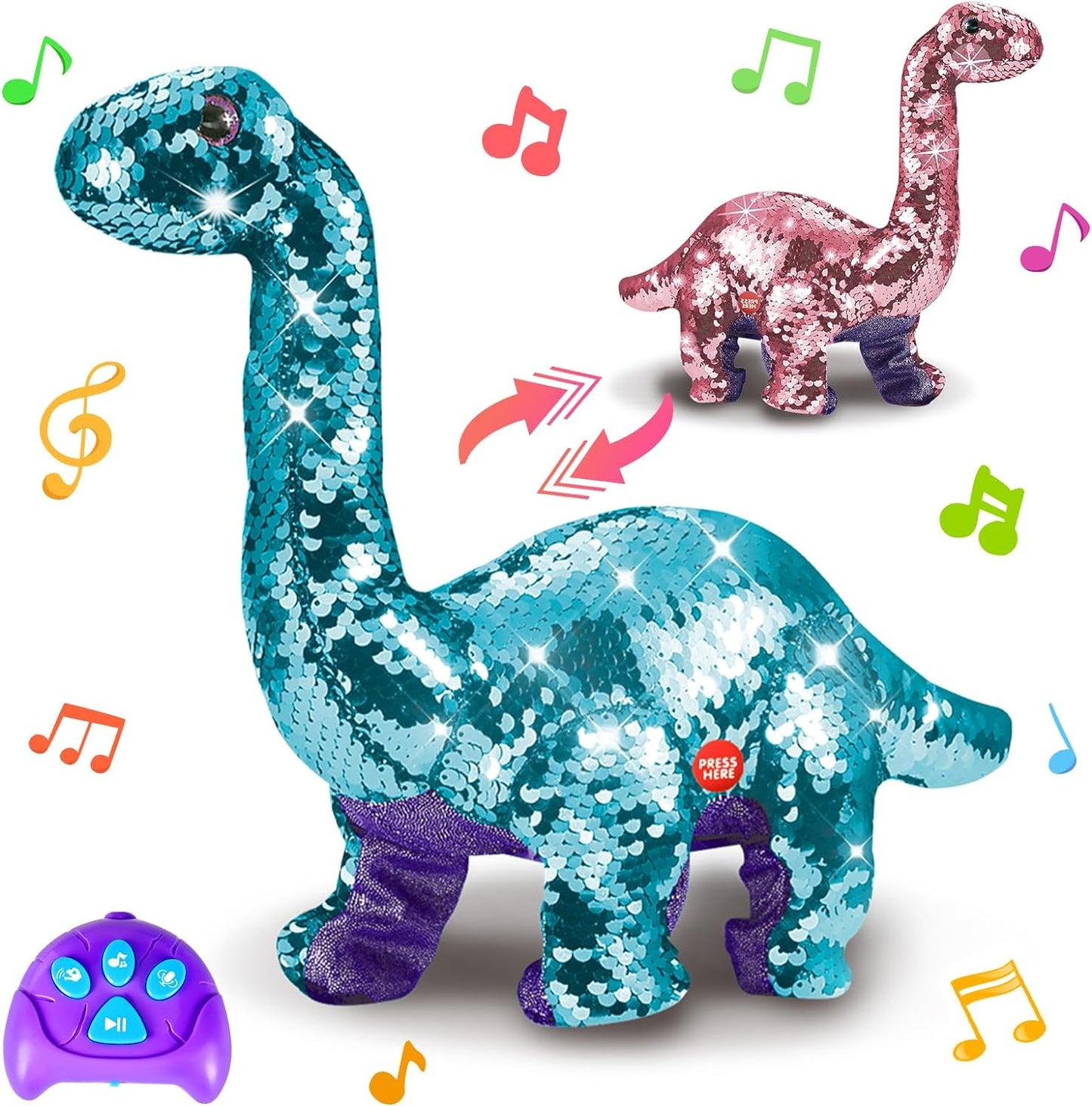 Remote Control Dinosaur Toys for Girls 2-4 3-5, Rc Reversible Sequins Walking Dinosaur Toys with Dino Sound, Music & Recording Function, Best Birthday Gifts for 2 3 4 Year Old Girl