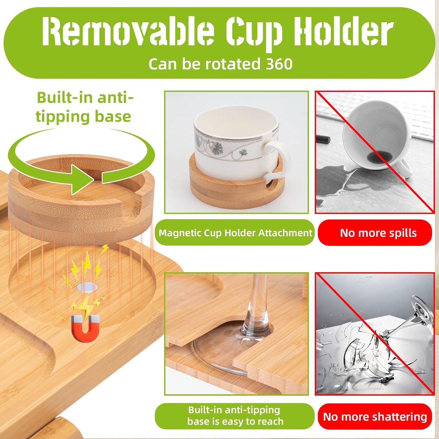 Natural Solid Bamboo Sofa Table Tray Clip on Side Table with Rotatable Mobile Phone Holder and Magnet attracts Detachable Teacup and Goblet Holder Ideal for Home and Leisure Entertainment