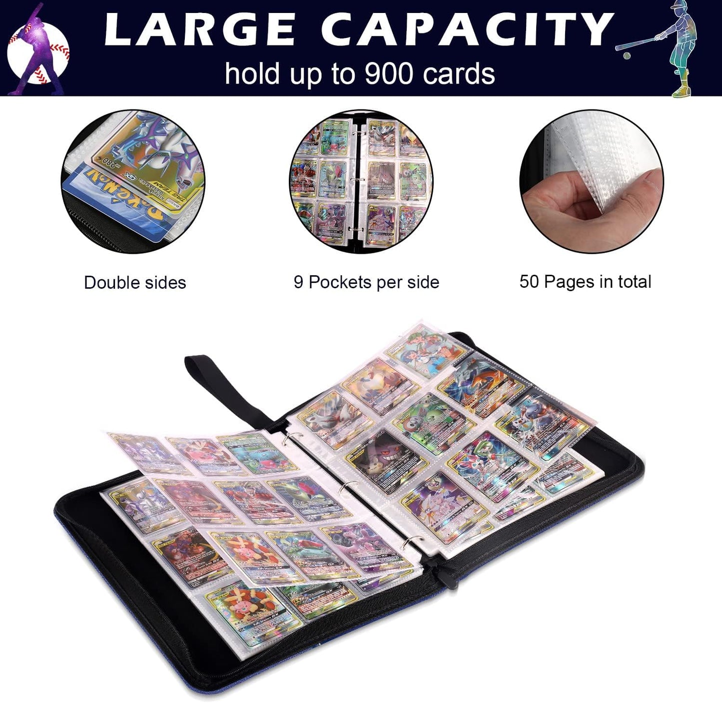 Trading Card Binder with Sleeves, Sports Card Binder Collectible Trading Card Albums with 50 Removable Sleeves (Blue, 9 Pocket)