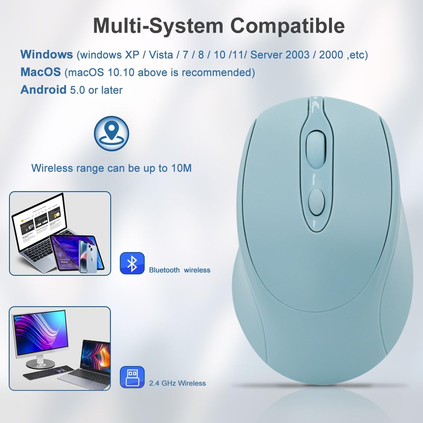Wireless Mouse, Computer Mice with Bluetooth 5.2 & 2.4G Dual Mode Connectivity, Ergonomic Optical Mouse for Laptop/PC/iPad/MacBook Pro/Air,Bluetooth Mouse with Rechargeable Battery (Blue)
