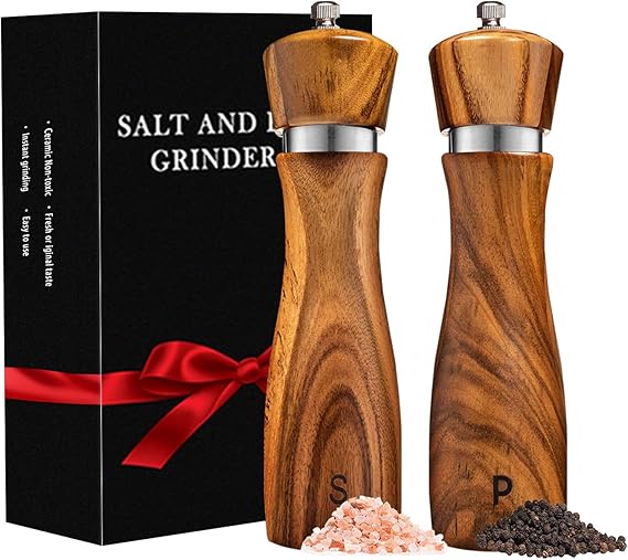 Wooden Salt And Pepper Shakers Refillable Pepper Mill Grinder Adjust for Adjustable Coarseness, Crafted of Solid Acacia Wood with Ceramic/Stainless Steel Core, 8 Inches-2 Pack