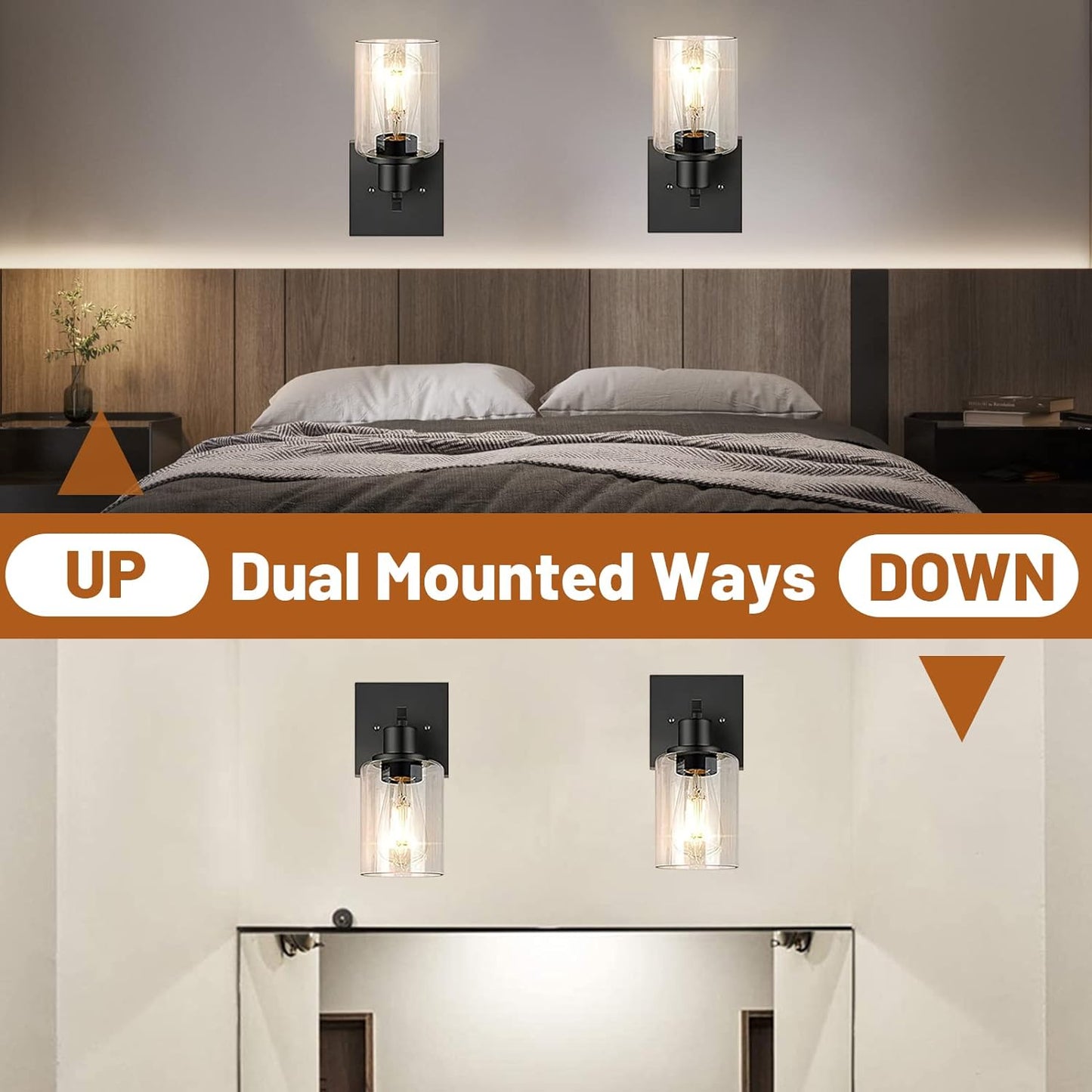 Matte Black Plug-in Bathroom Vanity Light Set with Clear Glass Shades, Modern Wall Sconce for Bedroom, Hallway