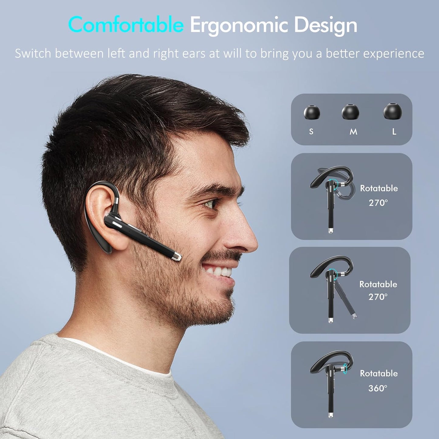 Bluetooth Headset, Wireless Headset with Microphone, Bluetooth Earpiece Suitable for Office, Trucker Headset with 120 Hours of Standby Time, for iOS and Android Cell Phones