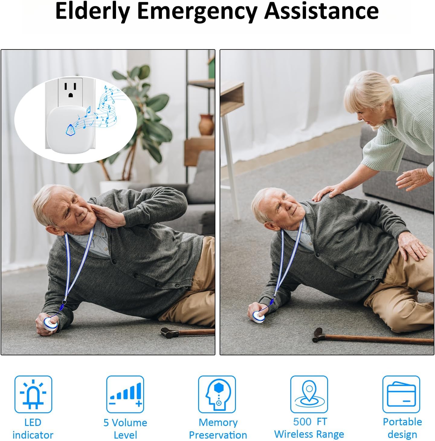 Wireless Call Button, Life Alert SOS for Monitoring Elderly Assistance Products Emergency Bell Panic Button Nurse Calling for Seniors Patients Disabled Care,Waterproof,Plug in Receiver