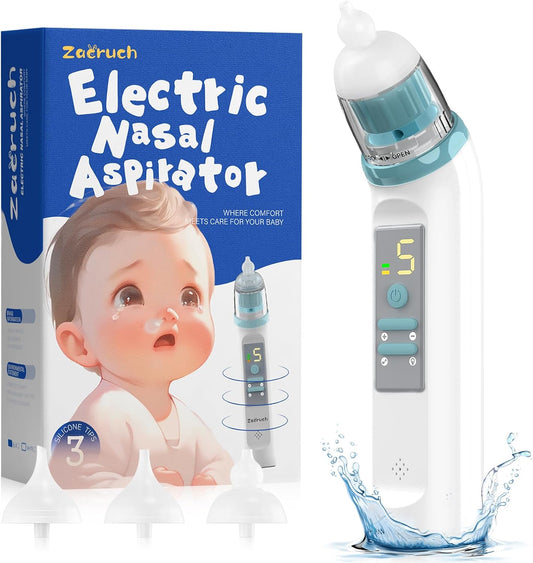 Nasal Aspirator for Baby, Rechargeable Electric Baby Nose Sucker with 3 Silicone Tips and Music, Colorful Light, Automatically Clean Baby's Nose,Blue