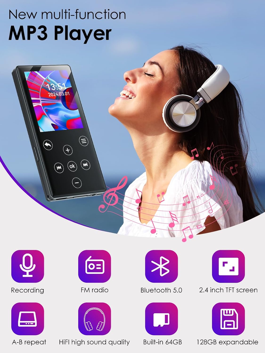 Gueray MP3 Player Bluetooth 128GB HiFi Sound Quality MP3 Player with Speakers Support FM Radio Voice Recorder TF Card Digital Music Player Black