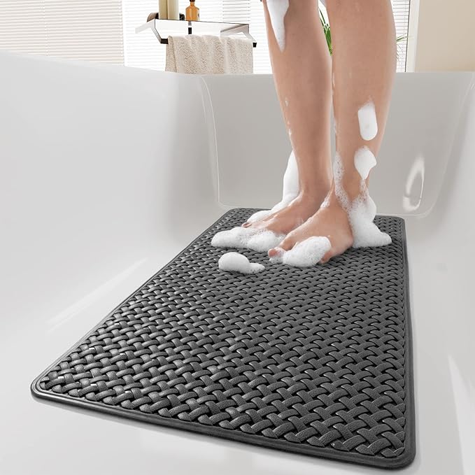 Bathtub-Mat Non Slip with Suction Cups and Drain Holes, Machine Washable Shower Mat Anti Slip Bath Mat for Tub for Kids (14"x27" Black)