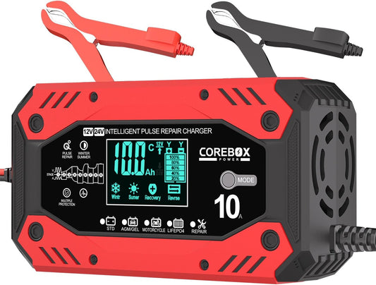 Battery Charger 10-Amp 12V/24V Smart Trickle Charger for Car - Battery Maintainer Trickle Charger, and Automotive Battery Charger with Temperature Compensation for Car Truck Motorcycle Lawn Mower