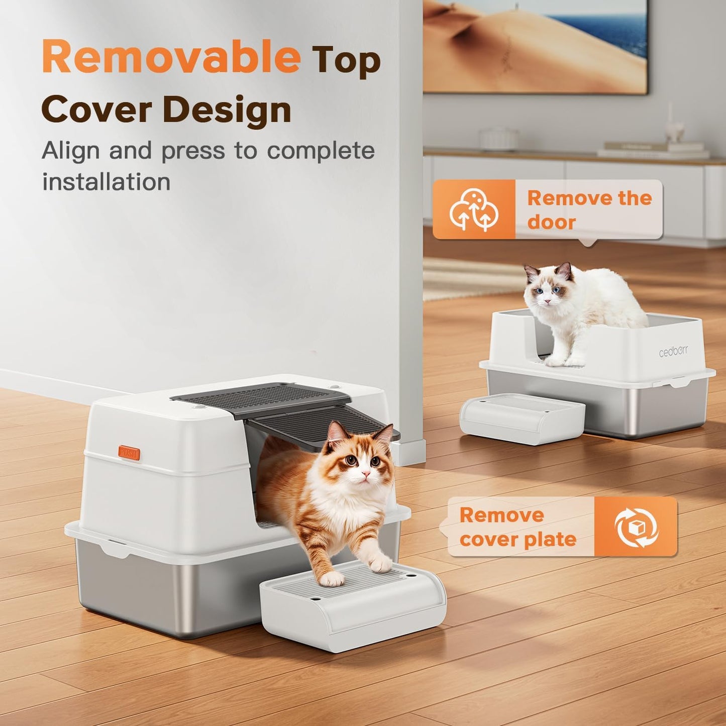 XL CEDBORR Stainless Steel Cat Litter Box with Lid,Large Enclosed High Side Metal Cat Litter Box with Pedals Suitable for Big Cats,Non-Sticky,Odor-Free,Easy to Clean ，Anti-Leakage(White)